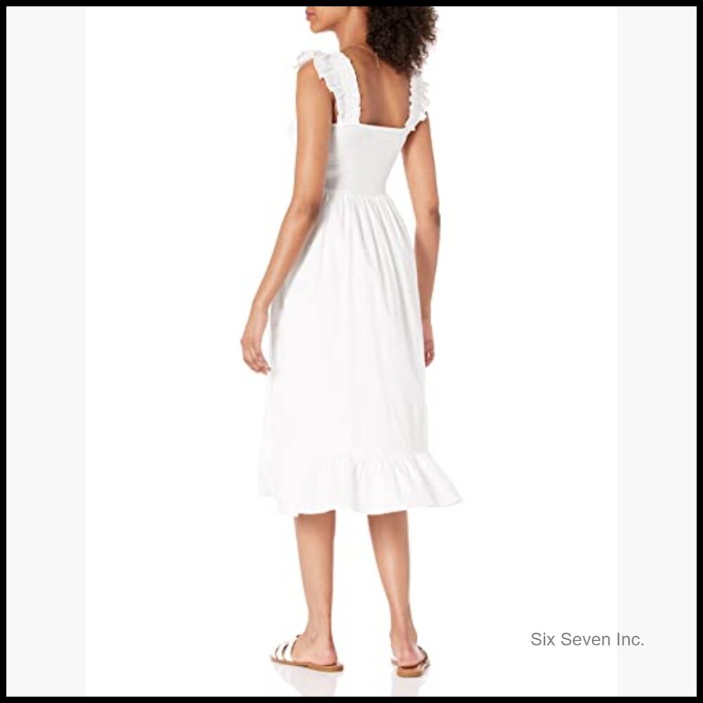 Cotton Smocked Midi Dress with Ruffled Shoulders - Picture 2 of 6